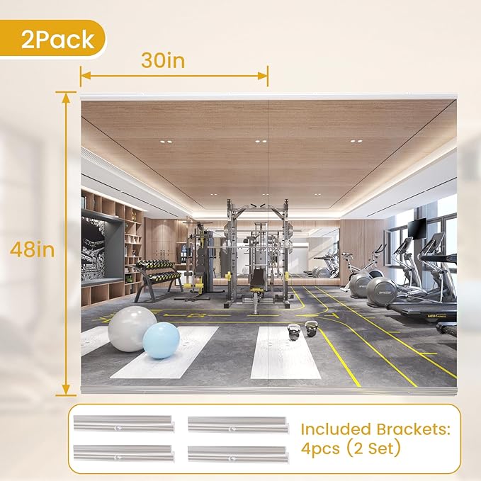 48X30 2Pack Large Home Gym Mirror, Frameless Tempered Glass Dance Wall Mounted Mirror for Home, Yoga, Dancing, Studio, Living Room