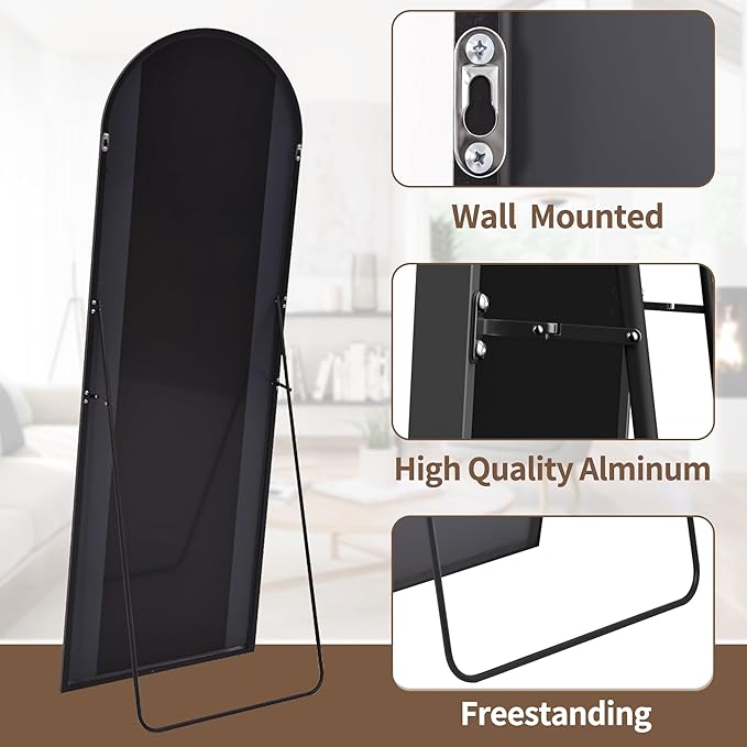 OGCAU Full Length Mirror, 64"x21" Arched Full Body Mirror, Hanging, Leaning or Standing, Wall Mounted for Bedroom Living Room, Black