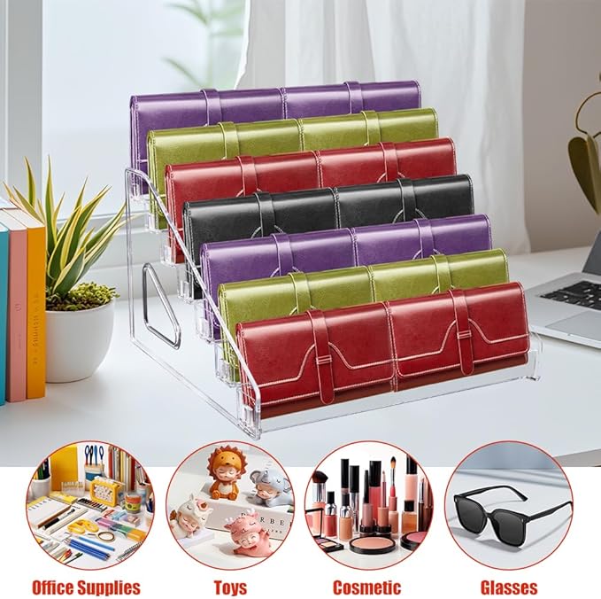 GRETJOB 7-Tier Wallet Display Stand, Acrylic Purse Display Stand, 7.8" Handbag & Perfume Organizer Rack, Cosmetic Jewelry Sunglasses Makeup Accessories Shelf (1 Pack)