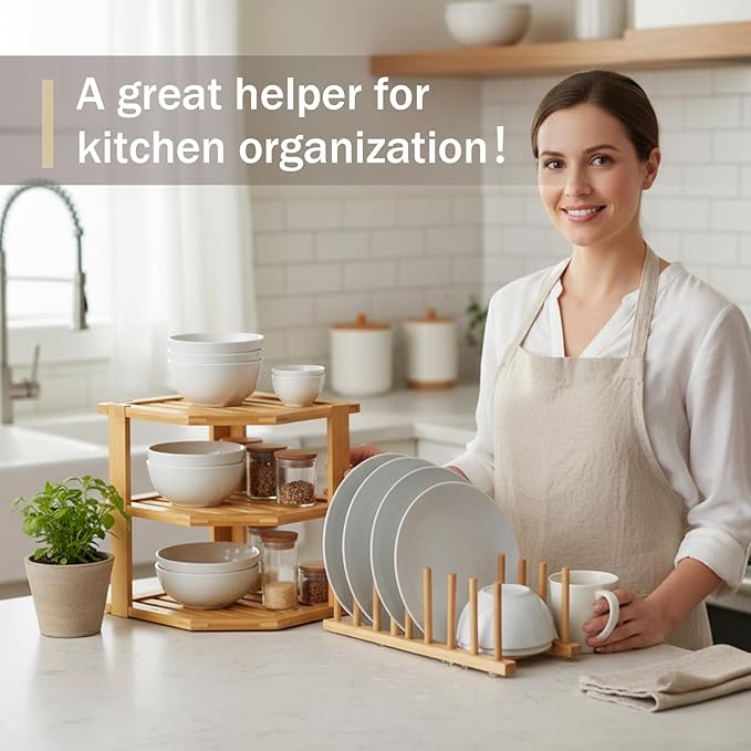 Marsui 3 Pcs Plate Storage Rack, 1 PC Bamboo 3-Tier Corner Shelf Organizer, 2 Pcs Dish Racks Plate Stand Holder, Kitchen Storage Cabinet Organizer, Hold Dishes, Cups, Plates