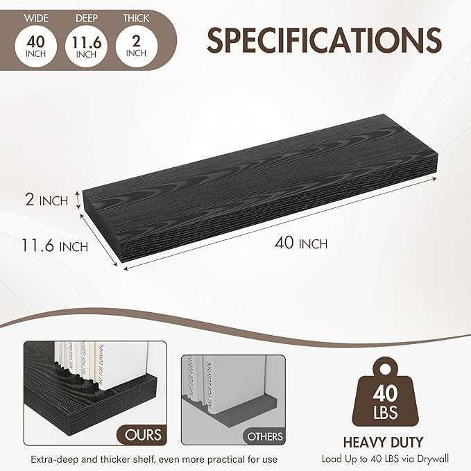 Acovy 40 Inch Floating Shelves, 12" Deep Floating Shelf Wall Mounted, 40" Wall Shelves, Rustic Deep Bookshelf, Extra Deeper & Thicker Display Shelves for Bedroom, Living Room, Black, Set of 2