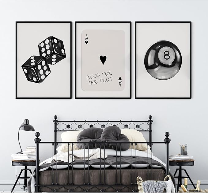 Black White Aesthetic Wall Art Decor 8 Ball Canvas Poster Y2k Cool Dice Pictures Black White Room Decor Trendy Poker Poster Prints Retro Painting Artwork for Apartment Dorm 12x16 Inch Unframed 3Pcs