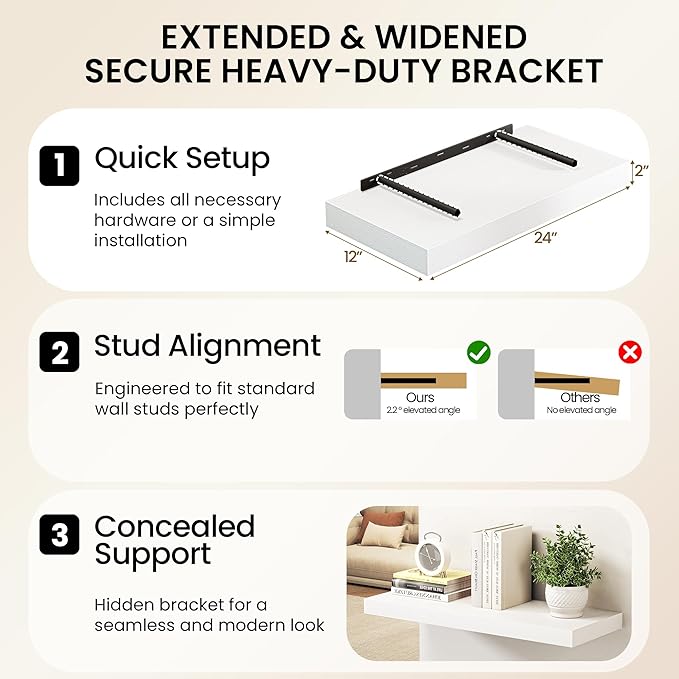 30Inch White Floating Shelves for Wall, 12 Inch Deep Shelves for Bedroom, Kitchen, Bathroom Wall Mounted, Rustic Wood Floating Shelf with Invisible Brackets for Books, Storage, Decor, 2 Packs