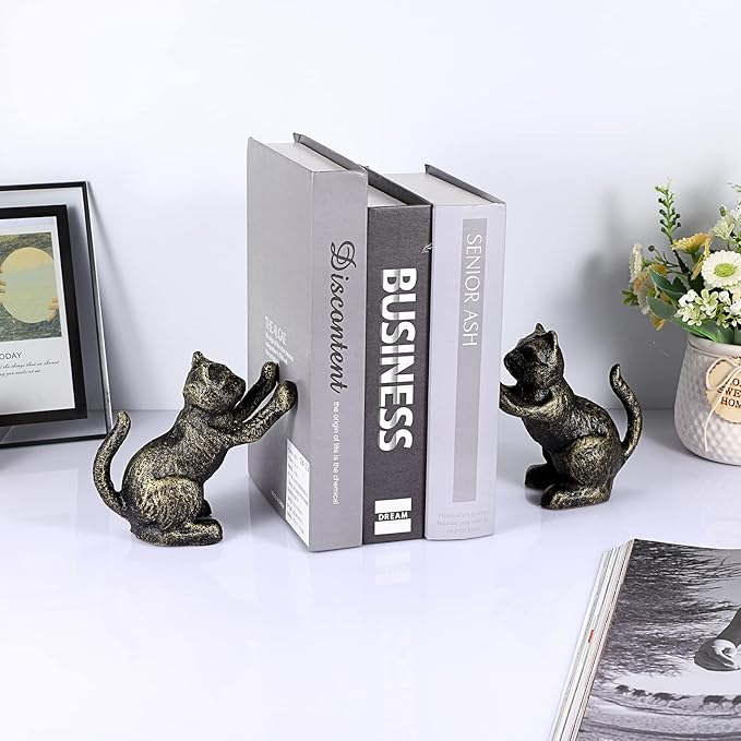 2 Pack Cat Decorative Bookends for Shelf - Cast Iron Book Ends Cute Dog Bookend Support for Home Decor, Heavy Duty Book Stands Vintage Antique Shelf Decor for Reading Enthusiasts or Cat Lovers