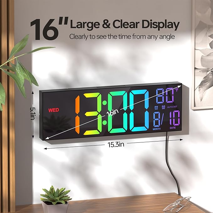JALL 16.1" Large Digital Wall Mount Clock, Count Down Timer, Alarm, Big LED, RGB Color, DST, Temperature for Living Room Classroom Desk, Wall, Xmas, Birthday Gift for Senior Mom Dad, Rainbow