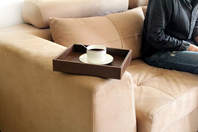 HofferRuffer Decorative Vanity Tray, Desktop Storage Organizer, Catchall Tray, Valet Tray, Nightstand or Dresser Organizer, PU Faux Leather Bathroom Tray, Brown, 10.2 x 8.4 x 1.8 inches (Pack of 2)