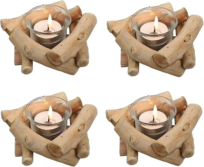 Sziqiqi Handmade Wooden Tea Light Candle Holder with Glass Cup Rustic Country Coastal Style for Farmhouse Home Decoration Home Altar Decoration Holoday Wedding Decoration Pack of 4