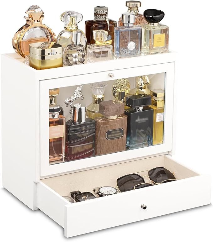 Emfogo Cologne Organizers Stand for Men, Solid Wood Perfumes Organizers Stand for Men Dresser, Large Capacity Dustproof Cologne Holder with Drawer Storage Perfume Stand, Ideal Gift for Loved ones