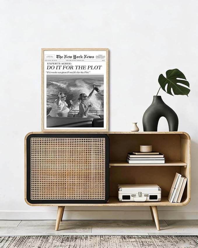 Bwodke OAK Wood Framed Wall Art Do It for The Plot Canvas Art Vintage Newspaper Pictures Wall Decor Trendy Prints Retro Artwork for Girly Dorm Bedroom 16"x20"