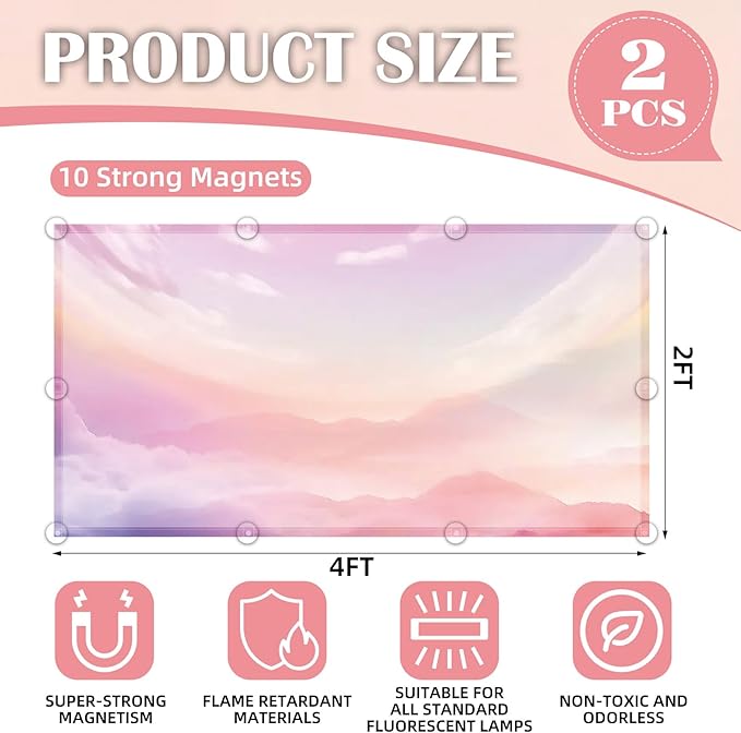 ANGSYLTH 2 Pcs Fluorescent Light Covers - 4 x 2 Feet Covers for Ceiling Lights, Magnetic Light Filters for Classroom, Office, Hospitals, Home (Pink - Sky)