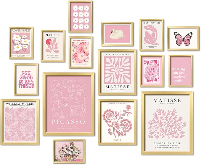 ANERZA 16 PCS Framed Pink Wall Art Decor, Matisse Wall Prints for Bedroom, Gallery Wall Frame Set, Minimalist Posters for Living Room Aesthetic, Collage Kit, Teen Girls Dorm Home Artwork