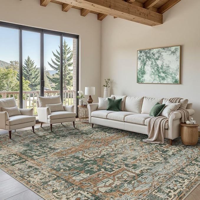 Rugxara 8x10 Area Rugs for Living Room Bedroom, Large Washable Rug, Green Vintage Retro Boho Rug, Non Slip & Low Pile Faux Wool Thin Carpet for Indoor Dining Room and Kids Room(Green/Brown 8x10ft)