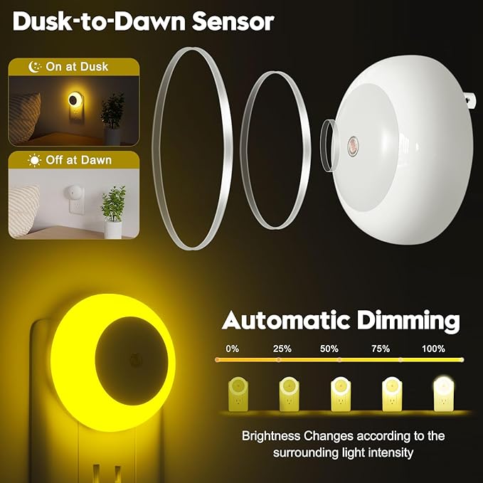 fesnne Night Light, Night Lights Plug into Wall, Dusk to Dawn Sensor, Amber Led Night Light 0.5W, 2 Pack Nightlight for Adults, Bedroom, Bathroom, Hallway, Kitchen