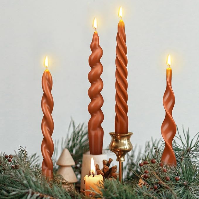 Nuanchu 4 Pcs Twisted Taper Candles Wax Unscented Smokeless Spiral Swirl Candlesticks for Wedding Holiday Dinner Party Home Decorations(7.87 Inch,Pure,Brown)