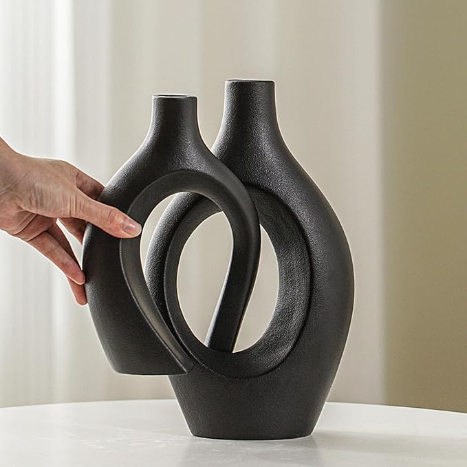 Lvases Snuggle Hollow Modern Ceramic Vase Set of 2, Mid Century Nordic Aesthetic Decorative Vase Decorative Vases for Home Table Decor (Matte Black W 6.8" X H 11")