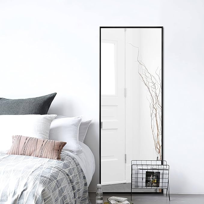 NeuType Full Length Mirror, 59"x16" Full Body Mirror with Stand Floor Mirror Full Length Standing Mirror Wall-Mounted Mirror Hanging or Leaning Against Wall Aluminum Alloy Thin Frame (Black)
