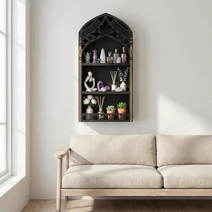 Gothic Window Crystal Display Shelf, 1.96" Deep Wooden Wall Mounted Gemstone Crystal Holder, Witchy Decor Trinket Organizer for Healing Stones -2026 Upgraded (Window-7.9" W x 15.7" H)