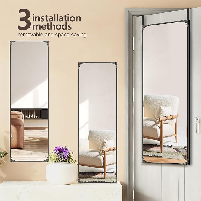 50"x16" Door Mirror, Rectangle Full Length Mirror, Over the Door Mirrors Full Length, Hanging Mirrors for Bedroom, Bathroom, Black