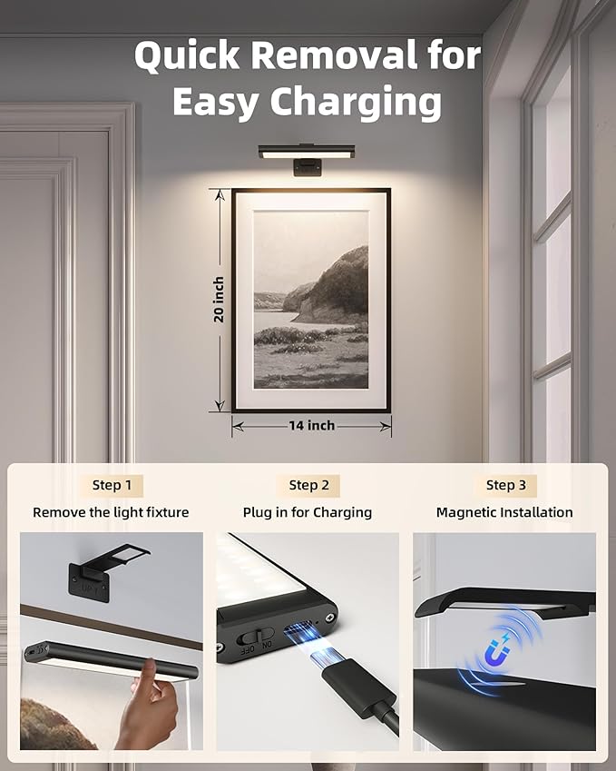 EZVALO Picture Light for Wall, Rechargeable 2400mAh Battery Lights Wireless with IR Remote, 3 Color & Dimmable Magnetic 7.8'' LED Lights Display for Painting, Living Room, Gallery, Bedroom(Black-3P)