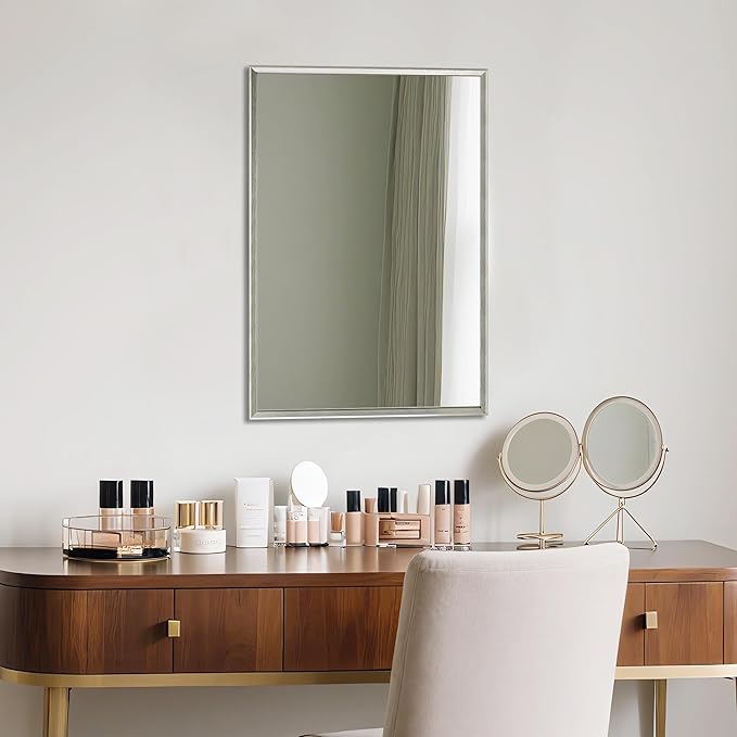 Bathroom Mirror for Wall, 16x24 Inch Metal Framed Mirror, Brushed Nickel Rectangle Mirror, Bathroom Vanity Mirror Farmhouse, Tempered Glass, Anti-Rust, Hangs Horizontally or Vertically