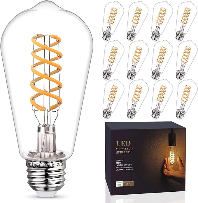 12Pack Edison Light Bulb 60W Equivalent, Dimmable Vintage LED Light Bulbs, E26 Medium Base, Warm White 2700K, 6W, 600LM, 80+CRI, Antique Decorative LED Bulb, Shtterfroof Clear Shell.