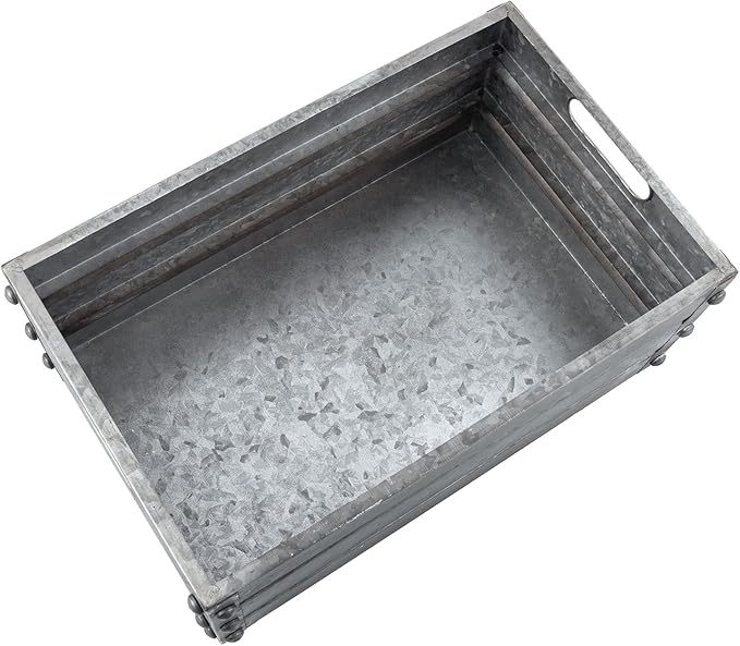 MyGift 16-inch Rustic Silver Galvanized Metal Storage Crate Display Box with Vintage Corner Studs & Handles