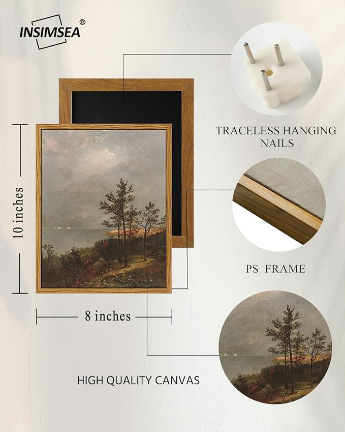 InSimSea Framed Canvas Wall Art, Vintage Lakeside Landscape Painting, Rustic Nature Scenery Decor for Living Room Shelf Hallway,10x8in, Neutral Tones