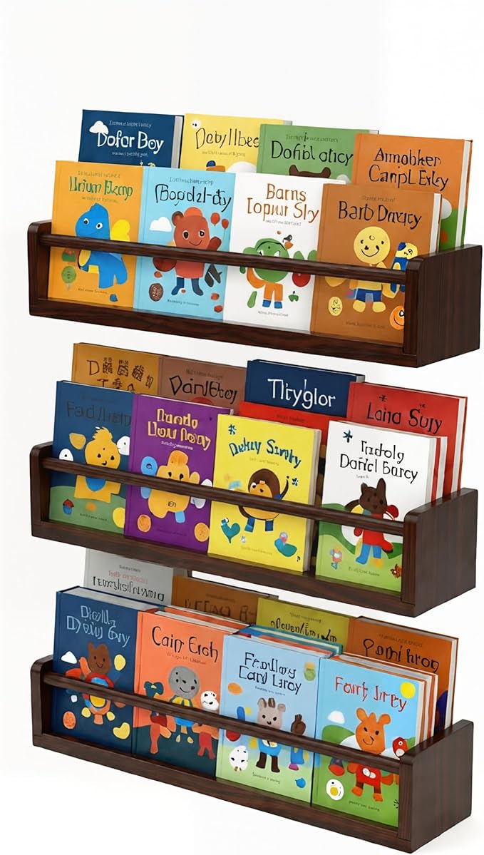Deep Walnut Nursery Floating Shelves Set of 3– Wall Mounted Kids Bookshelf & Toy Organizer – 16 Inch Rustic Pine Hanging Display Book Shelves for Bedroom, Playroom, and Baby Decor