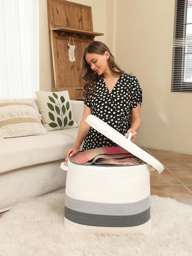22"x14"x18" Rectangular Extra Large Storage Basket With Lid, Large Cotton Rope Storage Basket, Woven Laundry Hamper, Cloth Storage Bin, for Clothes Towels Blankets in Living Room, Double Graded Grey