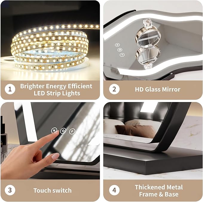 Makeup Mirror with Lights - 17″ Cloud Shaped Smart Touch 3-Color Dimmable 360° Rotation Memory Metal Frame Plug-in AC Power Tabletop Vanity Mirror Gift for Women Teen Girls Black