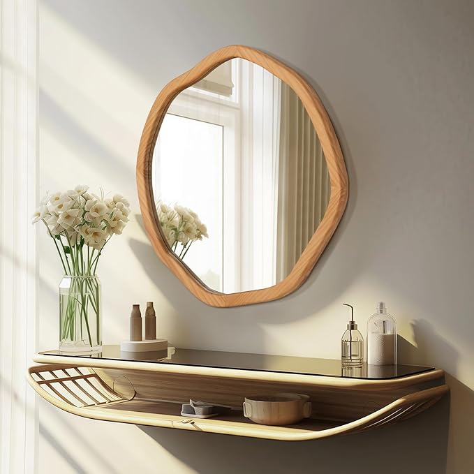 ULIKE Round Wood Mirror, 24 Inch Irregular Circle Vanity Wall Mirror with Wooden Frame, Rustic Decorative Wall Mount for Bathroom Bedroom Living Room Entryway, Natural