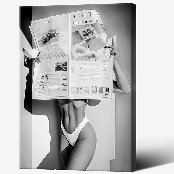 Sexy Glamorous Newspaper Reader Poster Feminist Hot Girls Canvas Wall Art Retro Black And White Room Aesthetic Women Prints Painting For Home Bedroom Dorm Wall Decor 8x12in Framed