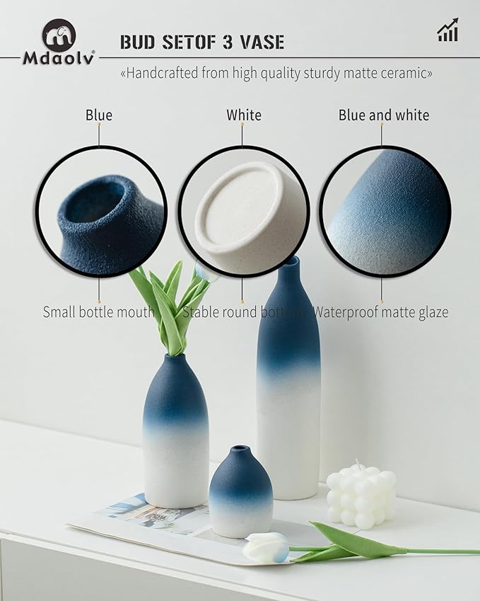 Mdaolv Blue and White Vase Set Navy Blue Decor Coastal Decor Vases for Kitchen Island Living Room Office Table Fireplace Mantle Decorations & Bathroom Shelf Decor Centerpiece Table Decorations Ceramic