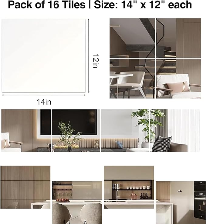 16 Pack 14x12 Inch Shatterproof Acrylic Mirror Tiles for Wall – Self-Adhesive, Unbreakable Mirror for Kids, Toddler, Bedroom, Bathroom & Home Gym, Safe & Durable Wall Mirrors