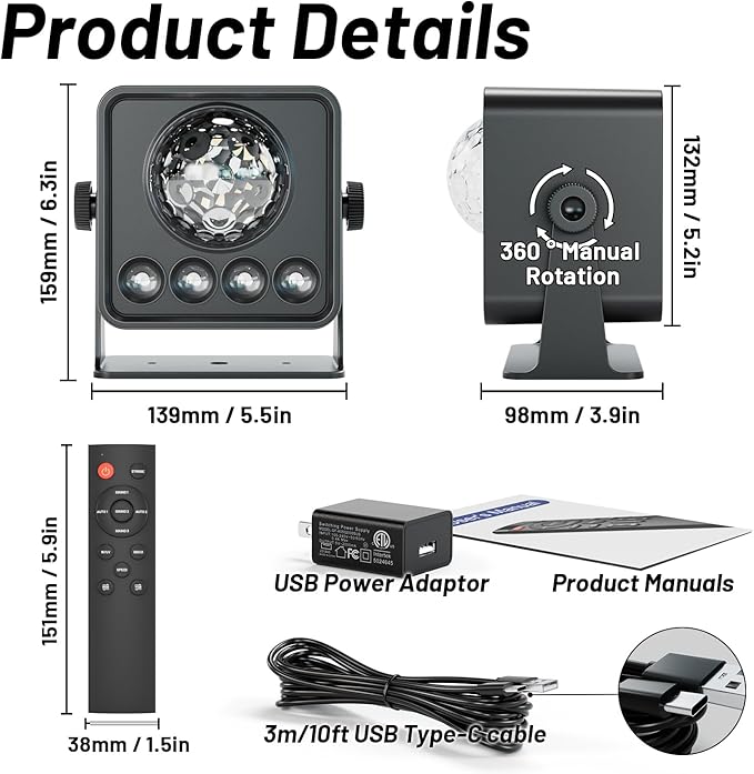 Disco Ball Party Lights Disco Light Sunset Lamp Projector with RGB+UV+White+YGB Sound Activated LED DJ Strobe Stage Light for Home Parties Living Room/Christmas/Halloween/Birthday/Wall/Décor