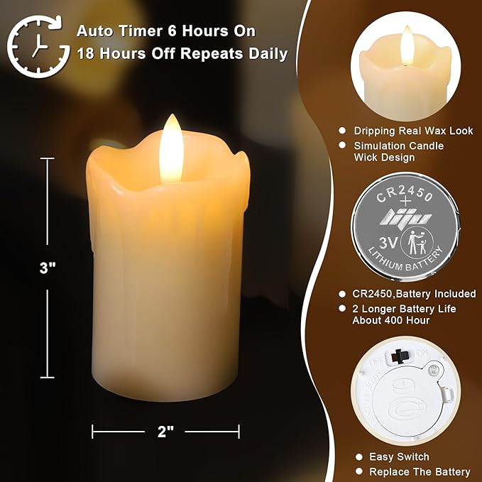 YOROXRG 9 Pack Flameless Votive Candles with Timer Remote,2" x 3" Real Wax, Realistic Black Wick Battery Operated Pillar Candles for Wedding, Party and Holiday Decoration