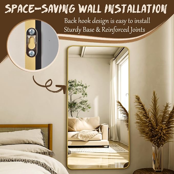 XRAMFY 76"x34" Floor Full Length Mirror Standing Full Body Rounded Corner Rectangle Mirrors with Stand Hanging Wall Mounted Leaning Bedroom Living Room Bedroom Cloakroom,Gold