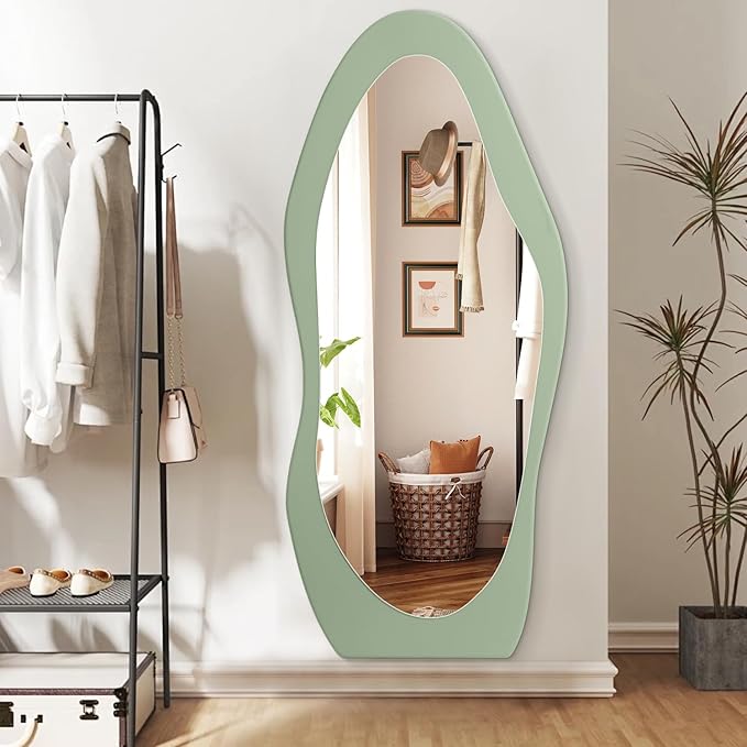 Full Length Mirrors Large Irregular Wavy Mirror Wood Full Body Standing or Wall Mounted Mirror for Living Room Bathroom Bedroom Entryway Decor