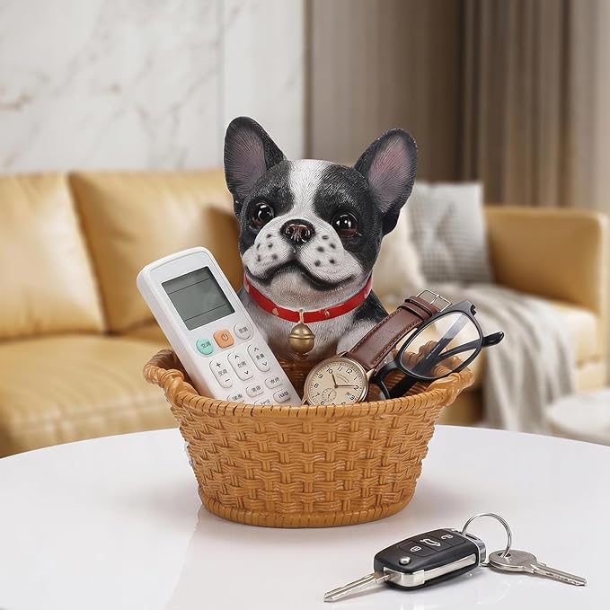 Cute French Bulldog Candy Bowl, Resin Dog Figurine Key Bowl for Entryway Table, Desktop Storage Basket Organizer for Desk, Unique Dog Lover Gift