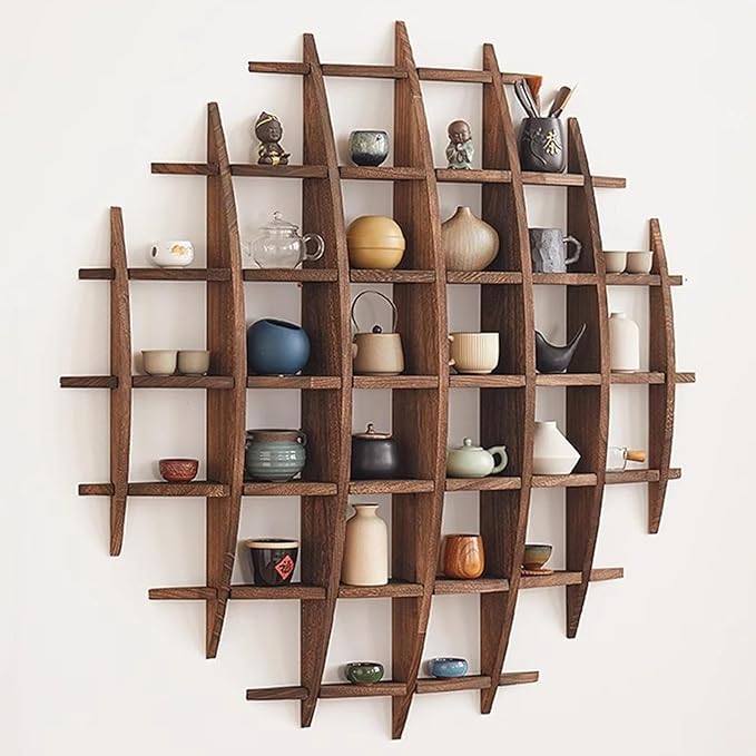 Solid Wood Chinese Tea Cup Holder, Wall Mounted Teapot Display Stand, Wall Decoration Teaware Shelf Storage Rack for Living Room Kitchen Office Commercial (Dark Walnut Color, 39x39'')