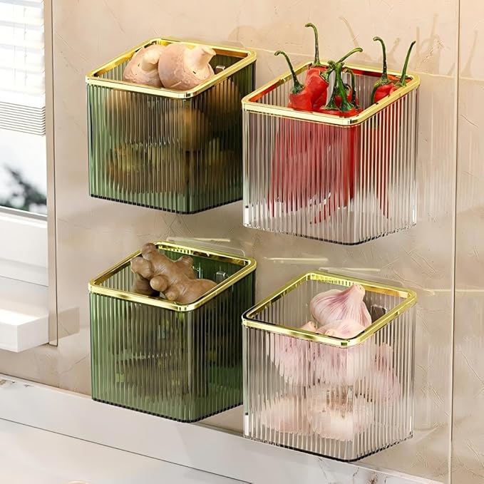 Drill-Free Stick-On Wall Shelves | Space-Saving Floating Organizer for Kitchen, Bathroom & Office | Plastic Storage Shelves for Makeup & Home Decor (Transparent_Gold)
