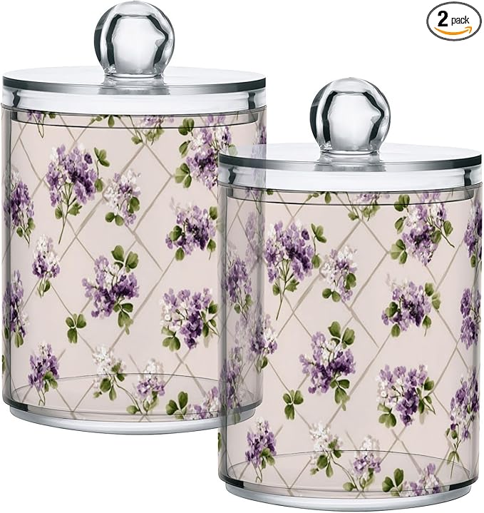 2 Pack Apothecary Jars Vintage Purple Clover Floral Art Bathroom Vanity Storage Organizer Set,Small Clear Plastic Storage Jars Bathroom Canister for Cotton Swabs, Rounds, Balls, Qtips,Makeup Sp