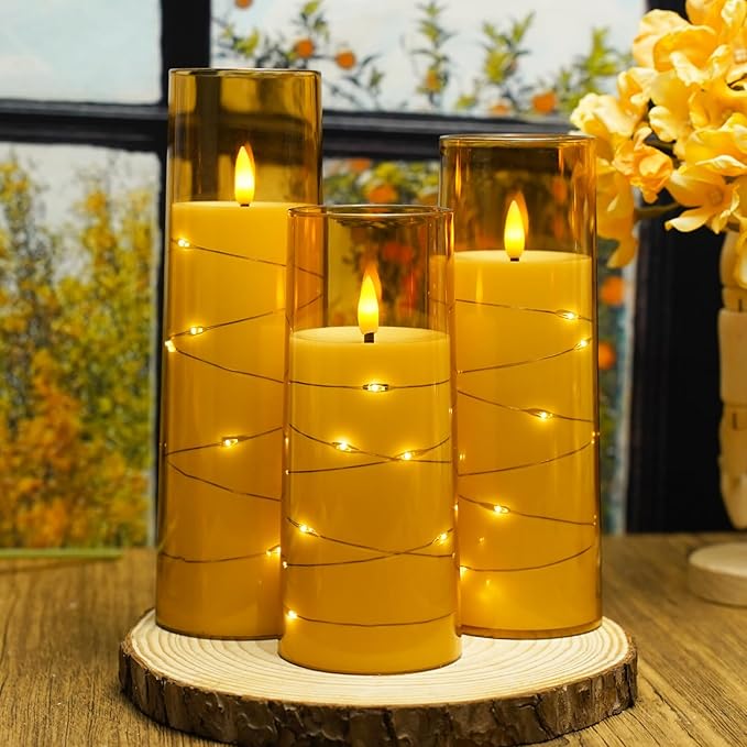 Nimiko Flickering Flameless LED Candles,Battery Operated Candles 9 Pcs with Embedded Star String,Acrylic LED Pillar Candles with Remote,Suitable for Home Decoration to Create an Atmosphere（Gold）
