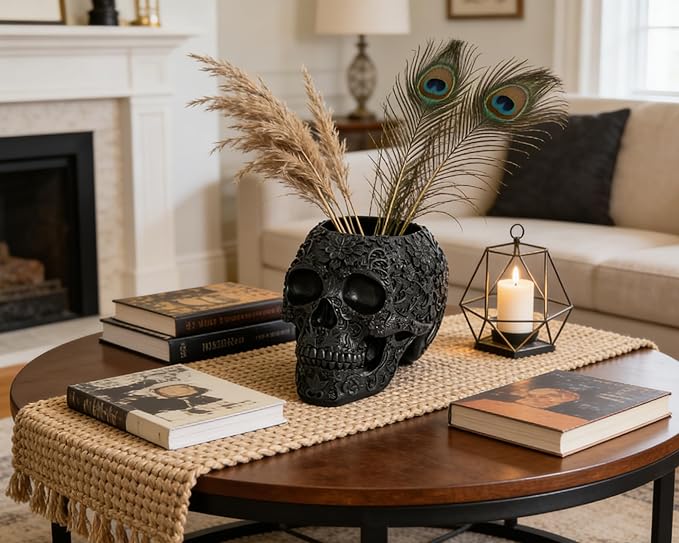 Skull Bowl Decorative Skull Vase Makeup Brush Pen Holder Organizer Dresser Gothic Table Organizer Decoration, Black Skull Pot Enthusiasts Gifts
