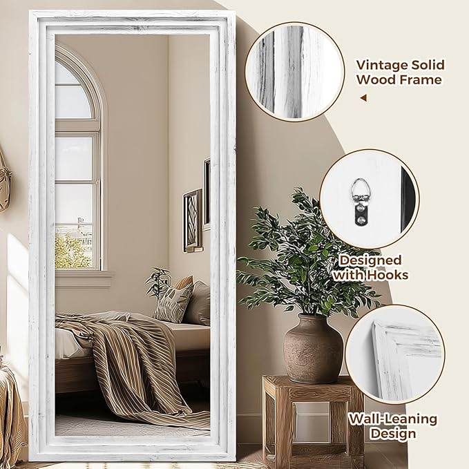 Full Length Wood Mirror 76x34 - Rustic Solid Wood Floor Mirror with Triple Layer Frame, HD Tempered Glass, Wall Mounted or Leaning Standing Mirror Vintage White Mirror for Bedroom Bathroom Living Room