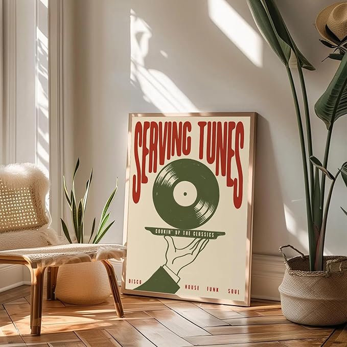 Vintage Wall Art Music Vinyl Records Canvas Poster Trendy Modern Music Wall Art Minimalist Aesthetic Prints Serving Tunes Poster Print Artwork for Bar Living Room Bedroom Home Decor, 16x24in Unframed