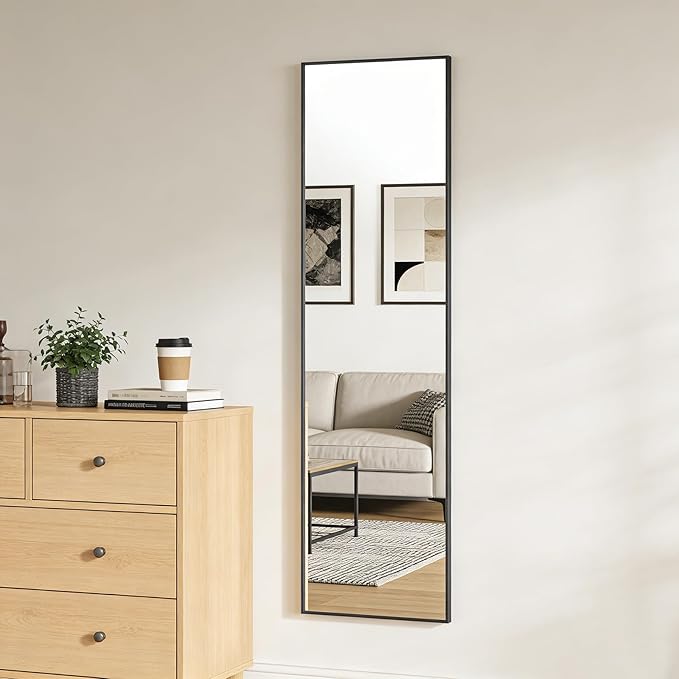 Ruomeng 48x14 Inch Full Length Door Hanging Mirror, Rectangle Full Body Mirror Over The Door, Wall Mounted Metal Aluminum Framed, Tempered Glass Mirror for Bathroom Entryway Bedroom Living Room