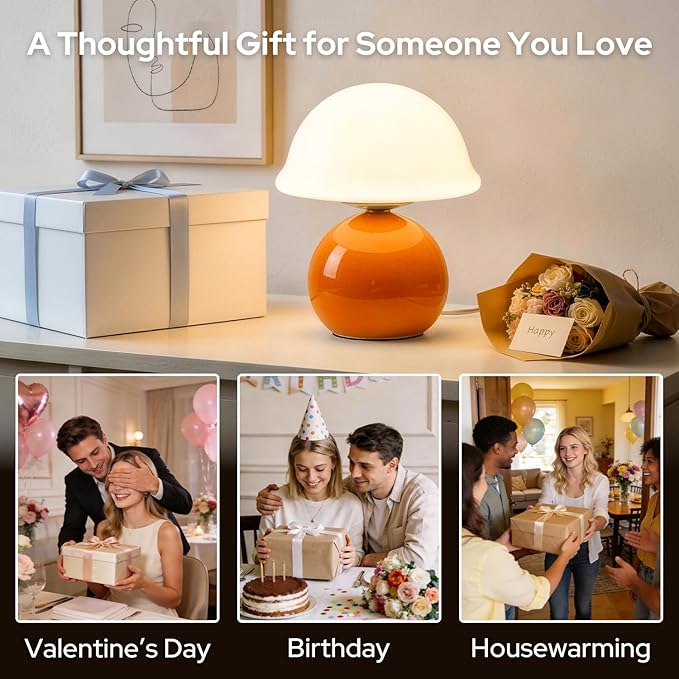 Mushroom Table Lamp for Bedroom, Cozy Bedside Lamp with Glass Shade, Stepless Dimmable Nightstand Lamp for Relaxing Bedroom Decor & Aesthetic Home (Orange)