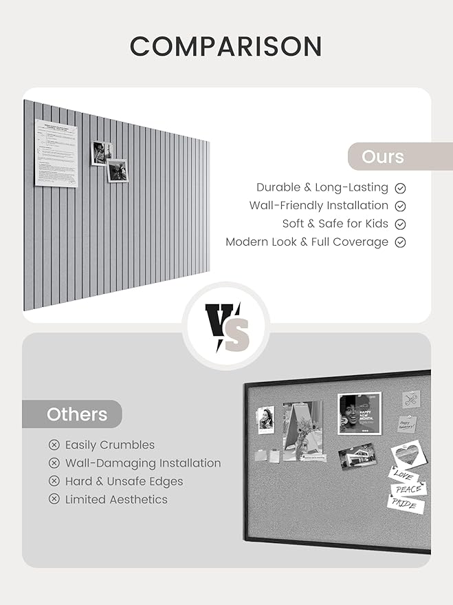 Bumusty Large Cork Board Alternative-48 x 36" Felt Bulletin Board Tiles, with 30 Pushpins, 70 Adhesive Tabs, Fine-Stripe 12-Pack, Cork Boards for Office Push Pin Board Felt Board-Soft Gray