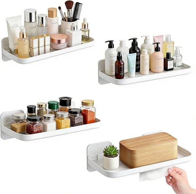 4 Pack Floating Shelves for Wall, Self Adhesive Small Shelf, No Drill Adhesive Wall Shelf, Floating Shelves Damage-Free Expand Walls Space for Living Room Kitchen Bathroom (White)